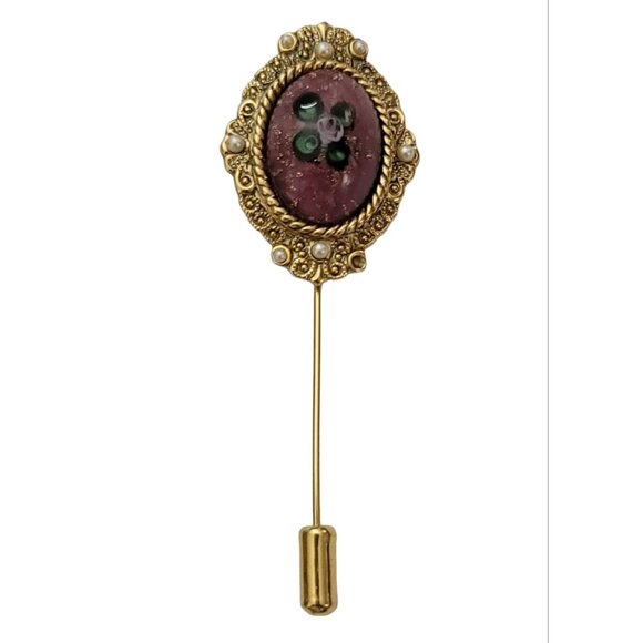 1928 Brand Gold Tone Rose Glass Art Glass Stick Lapel Pin, K45 - Picture 9 of 9